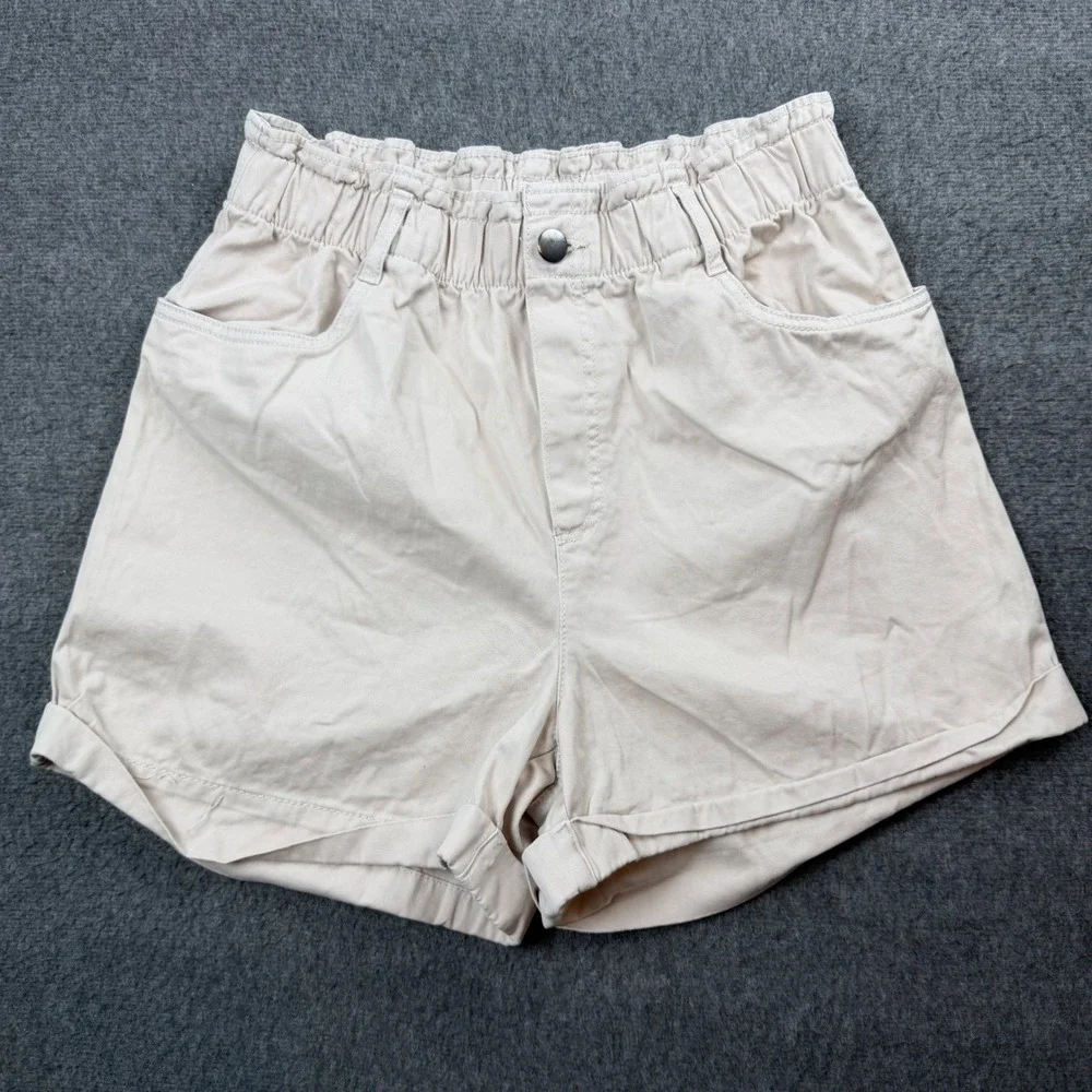 H&M Paperbag Waist Shorts Women Medium Beige Cotton Elastic High Rise Rolled Hem
